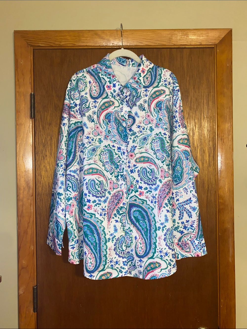 Paisley Button-Up Shirt in Teal, Pink & Blue 2X Pit To Pit 25” x 29”L